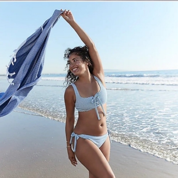 J.CREW Lace-up Bikini Top Faded Blue Stripe XL 42DD-44D BNWT SO - Picture 1 of 7